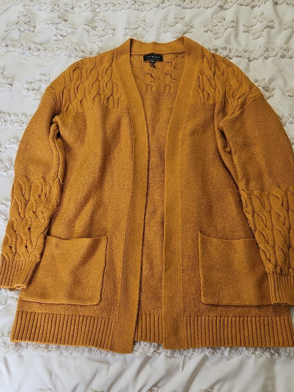 Lucky Brand Cable Sleeve Open-Front Cardigan - Mustard